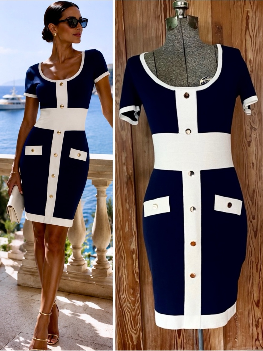 Alexia Admor Serenity Navy White Nautical Colorblock Knit Sheath Dress Sz S💛🎀